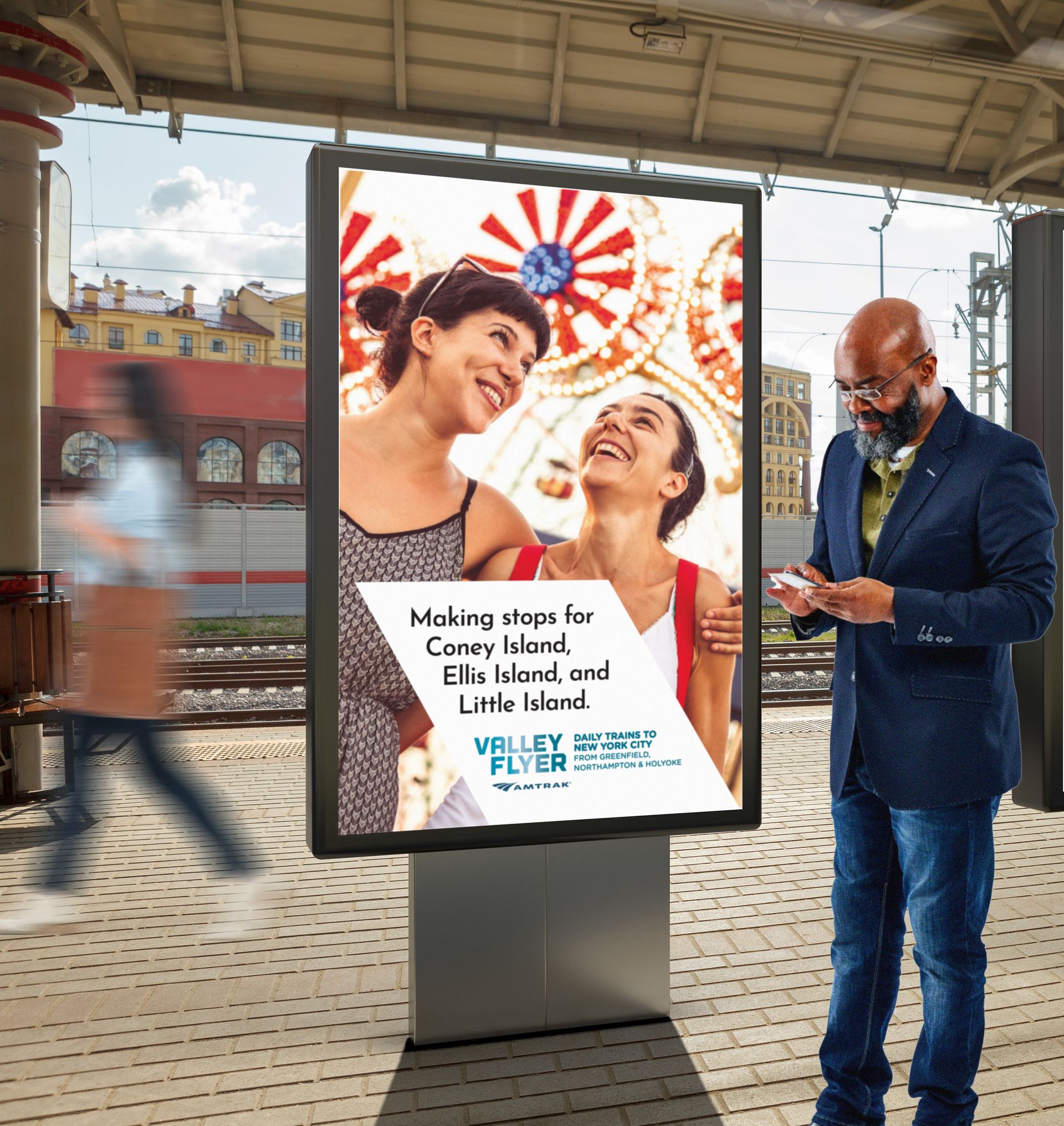 A man standing next to a billboard that says making stops for coney island, ellis island, and little island