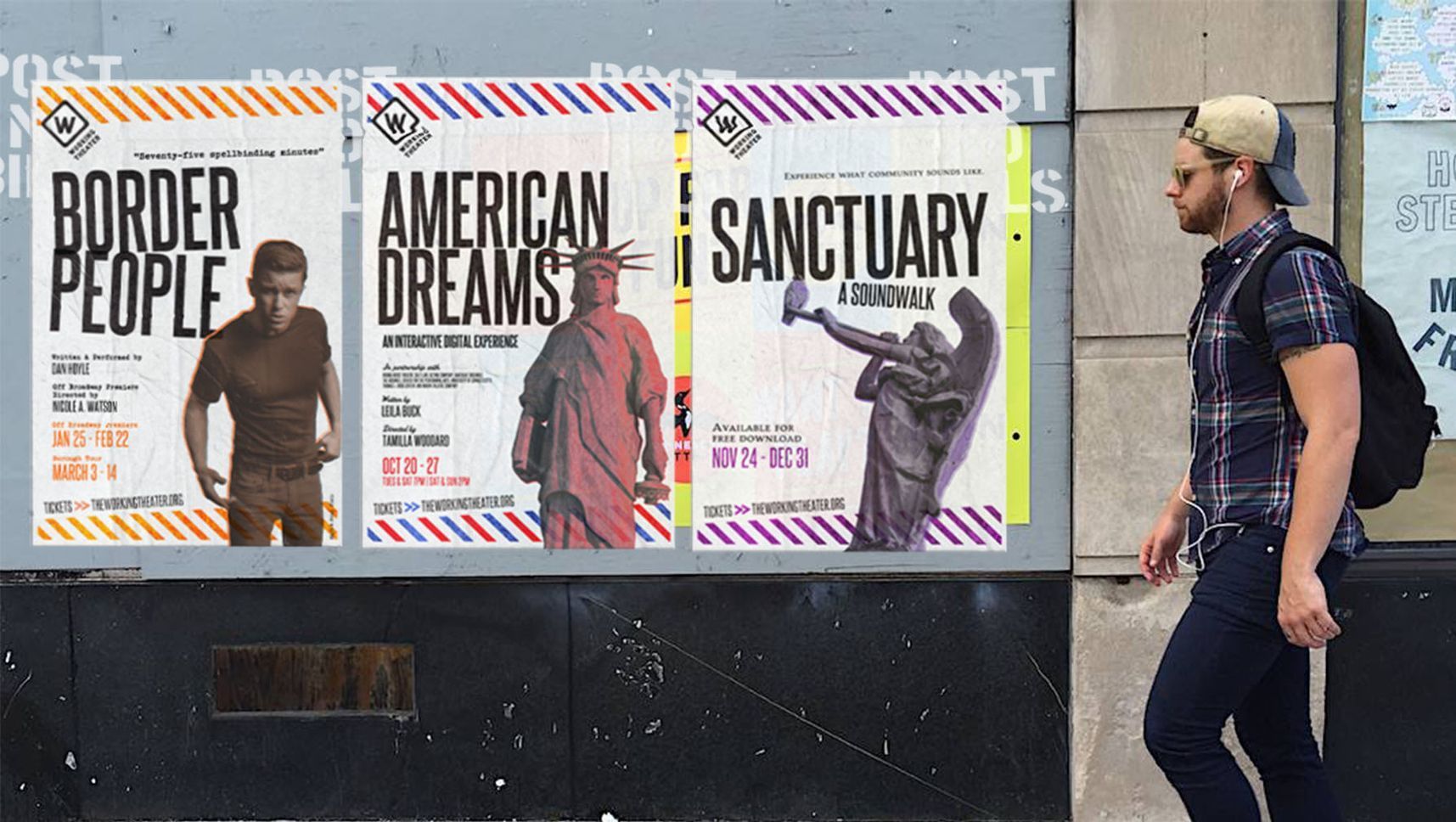 A man is walking past a wall with posters for Working Theater.