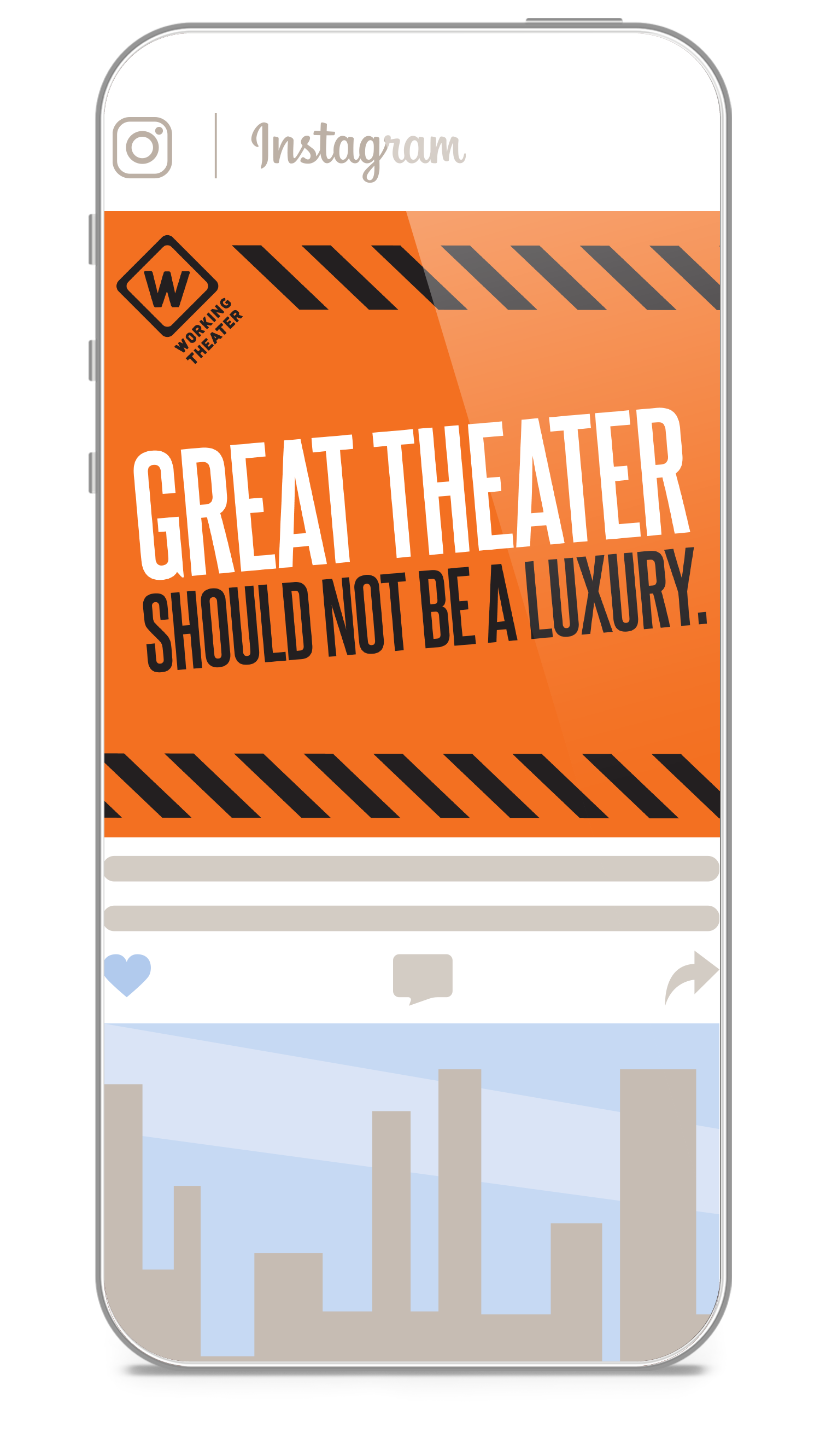 A cell phone with a sign that says great theater should not be a luxury