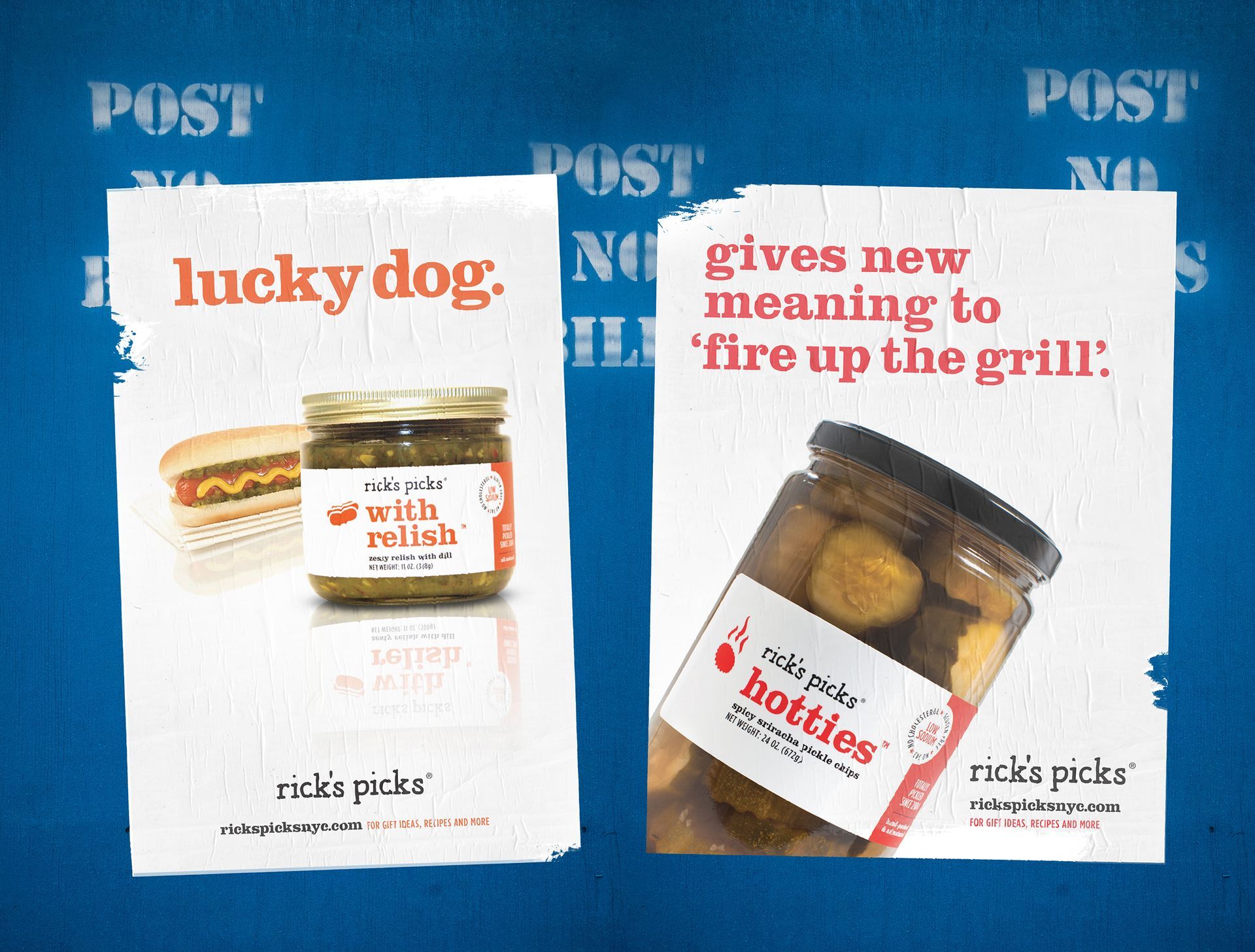 A poster for rick 's pickles says lucky dog gives new meaning to fire up the grill