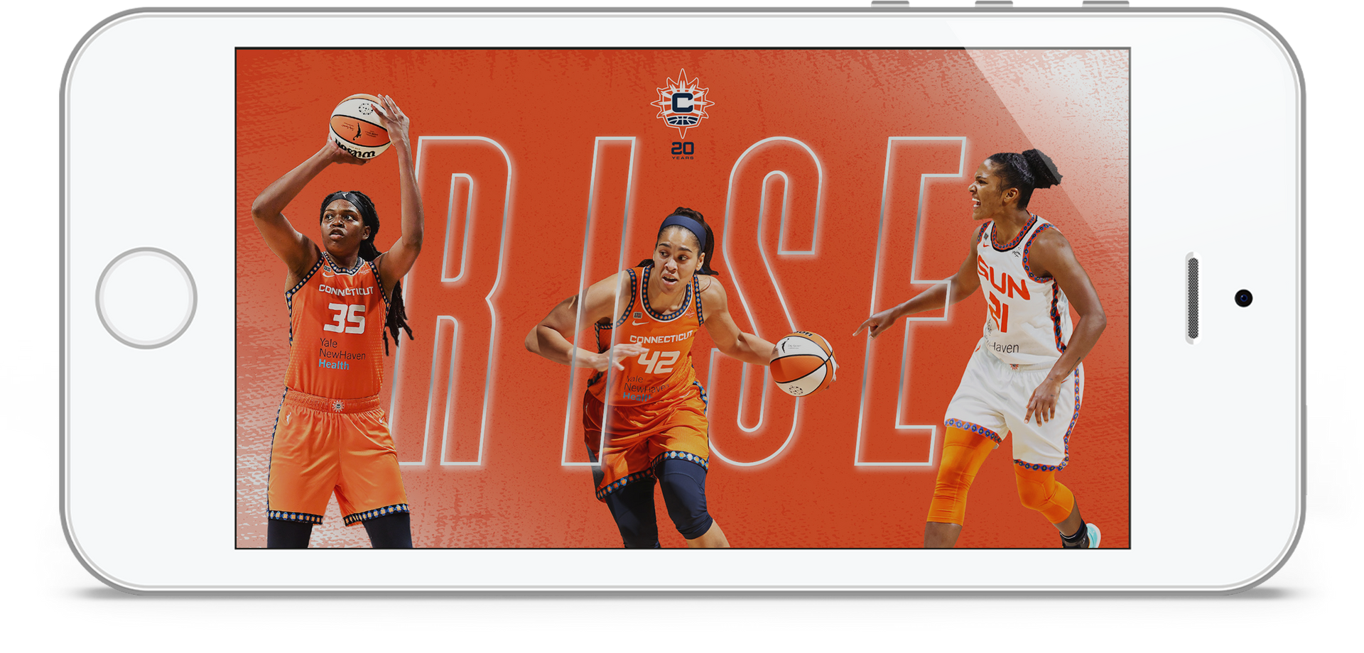 A cell phone with a picture of three women playing basketball on it.