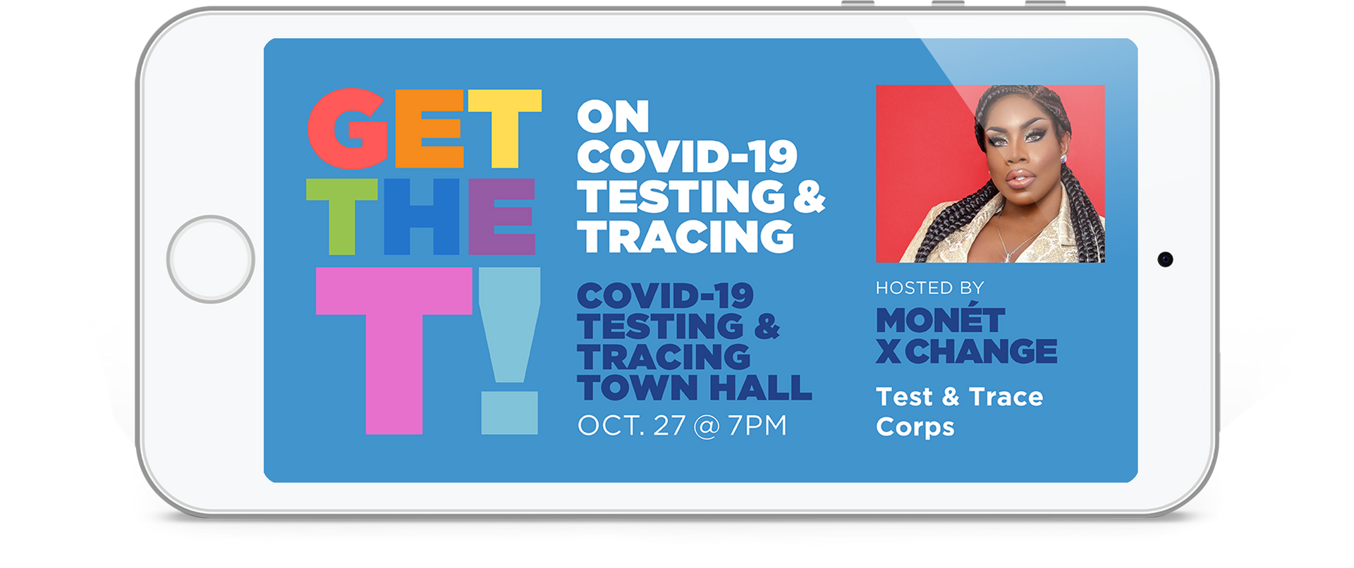 A cell phone is displaying an advertisement for a testing and tracing event.