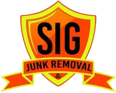A logo for sig junk removal and a shield with a ribbon.