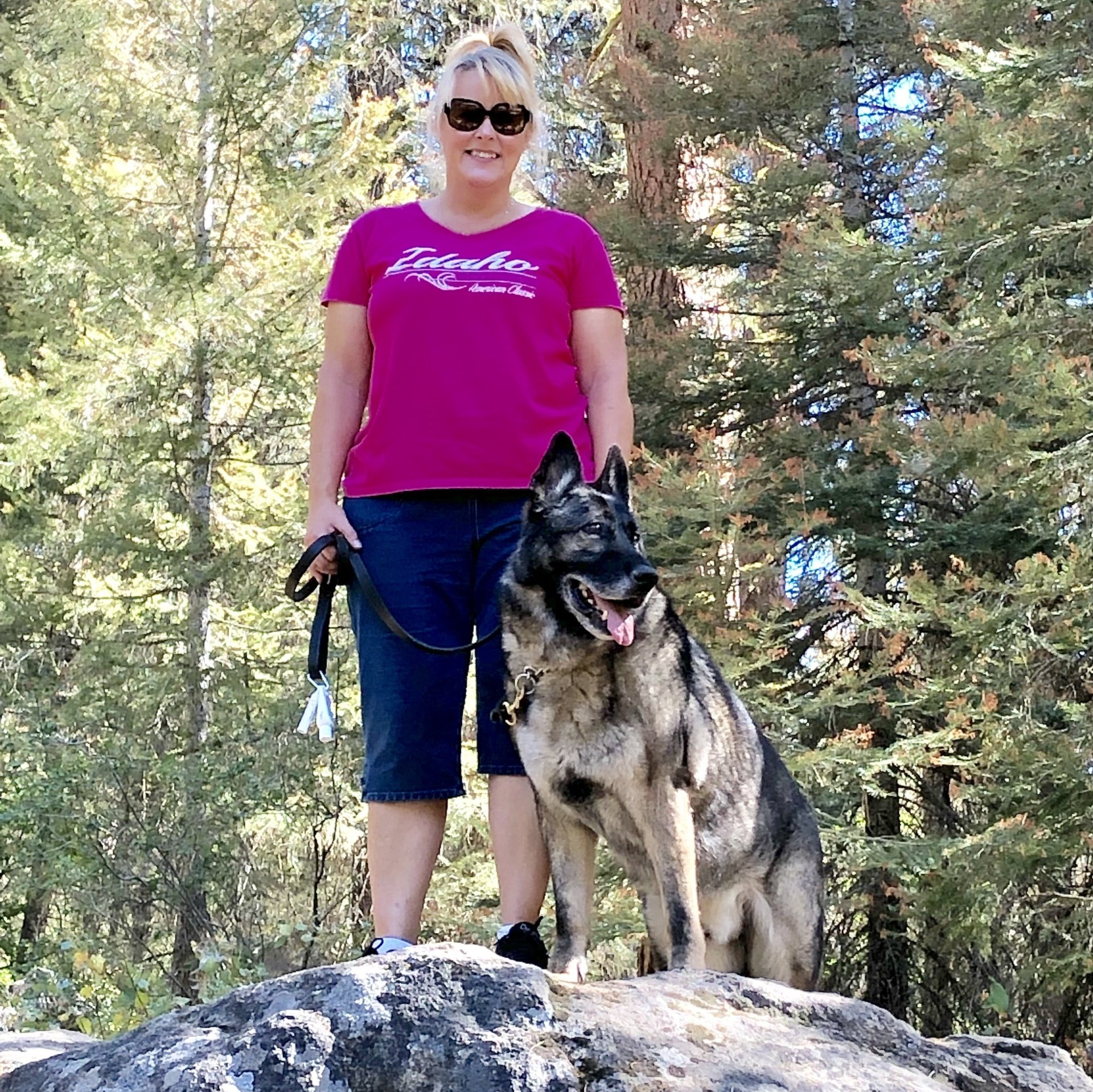 A woman in a pink shirt is standing next to a german shepherd