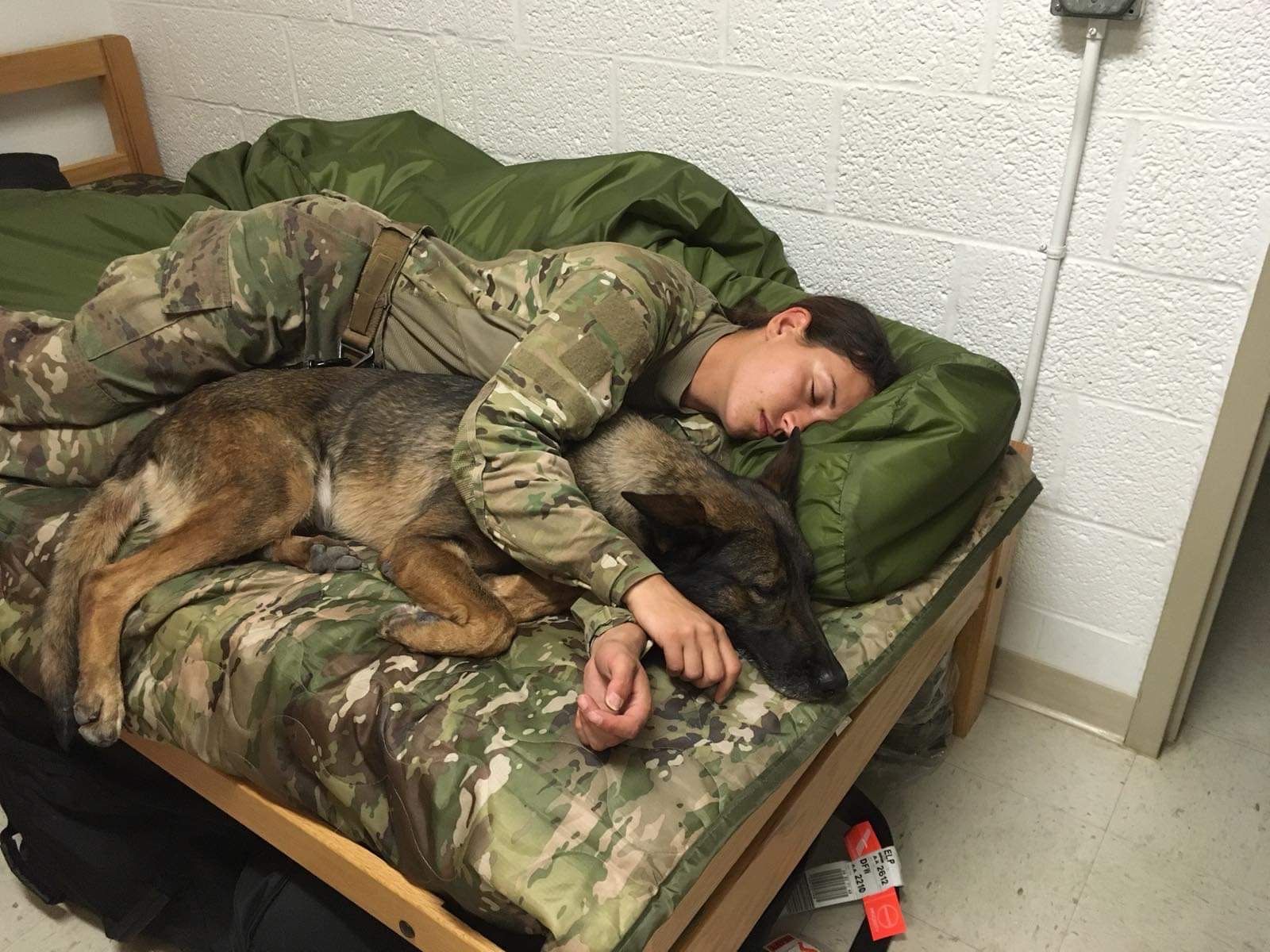 A soldier is sleeping on a bed with her dog
