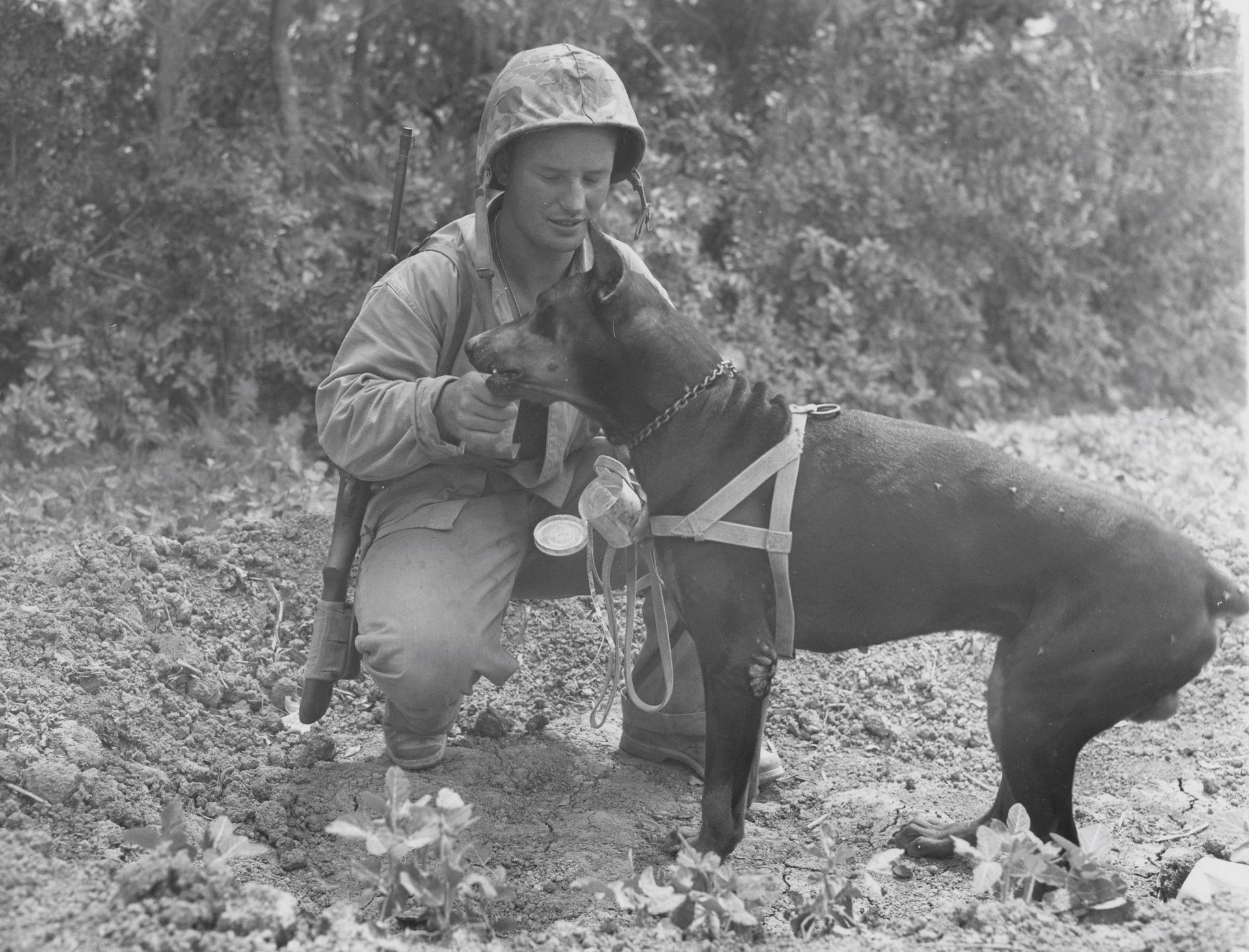 A black and white photo of a man and a dog