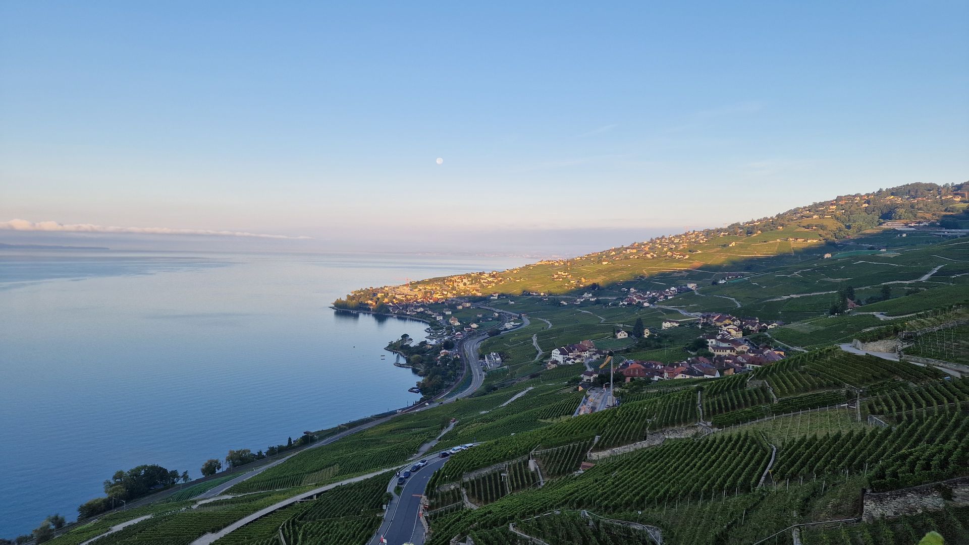 Une vue aérienne d'un lac entouré de montagnes et de vignobles.