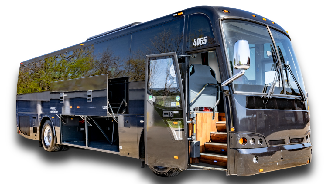 A black bus with the doors open on a white background.