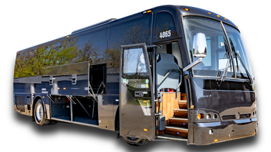 A black bus with the doors open on a white background.