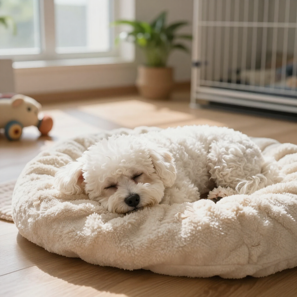 Small white dog snuggled on a blanket inside a peaceful cage-free boarding space.