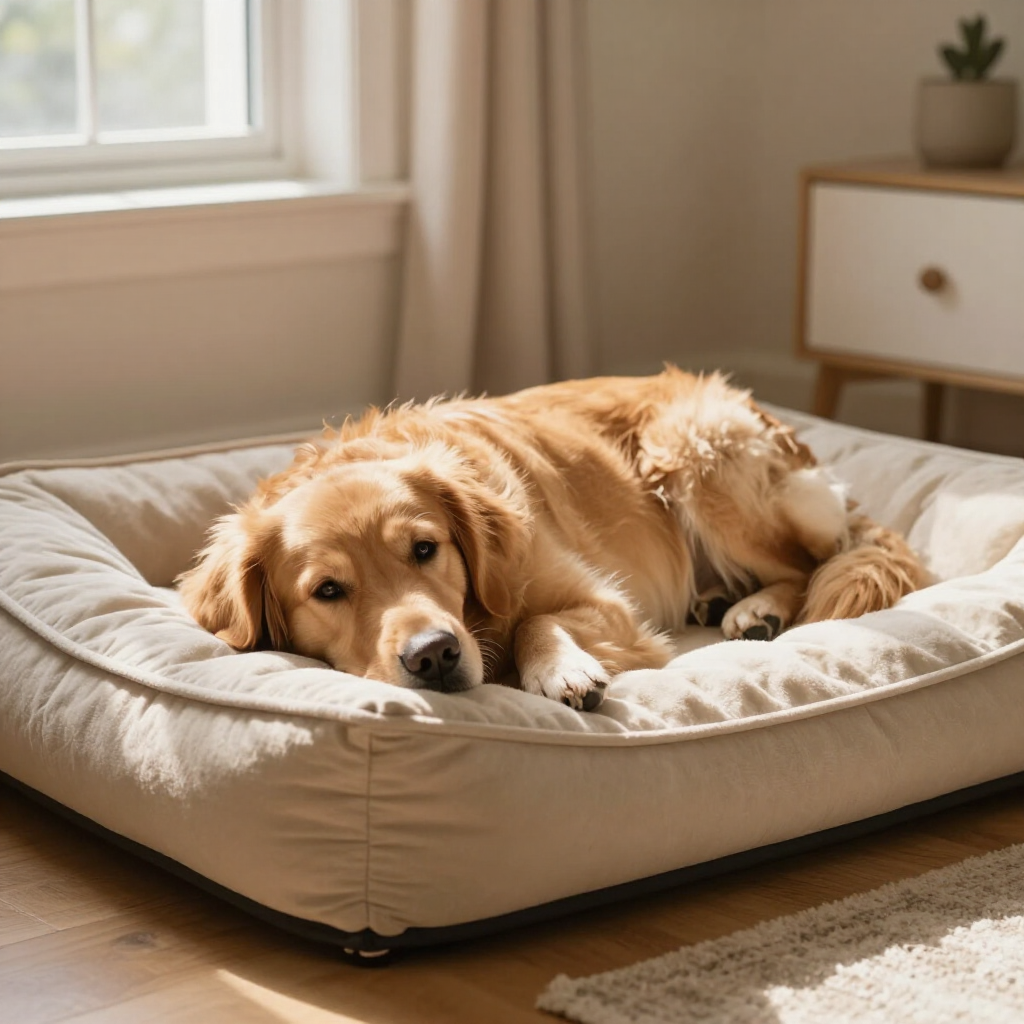 Happy golden retriever resting on a soft dog bed in a cozy home interior.
