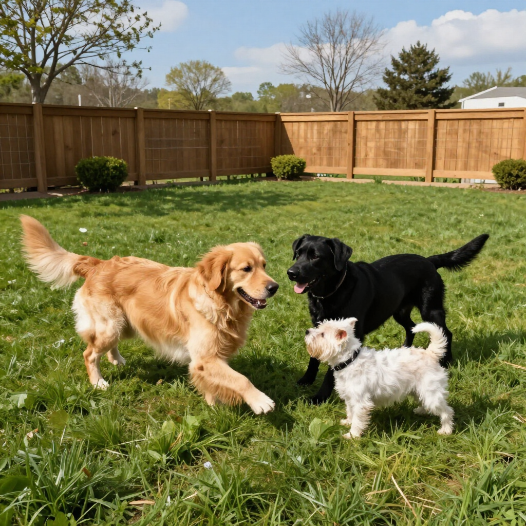 Friendly dogs playing together in a private fenced dog park on a sunny day.