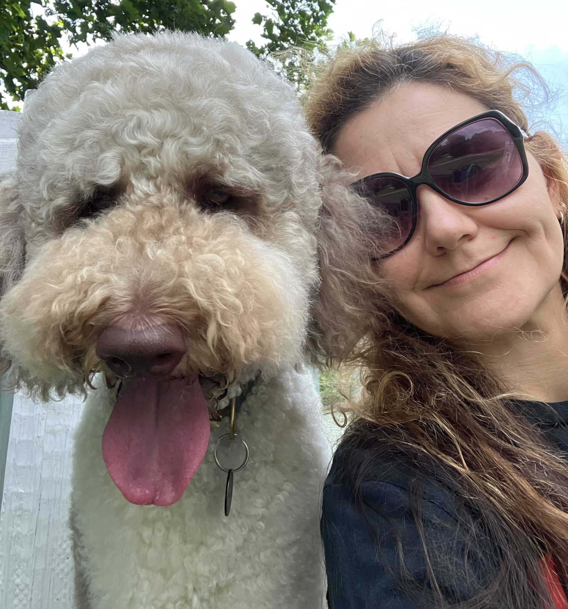 Jen welcoming happy dogs in a cozy, cage-free home-style care space with warm natural light.