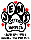 Logo for "Jen's Sitting Service" featuring a black-and-white paw print with small red hearts and text.