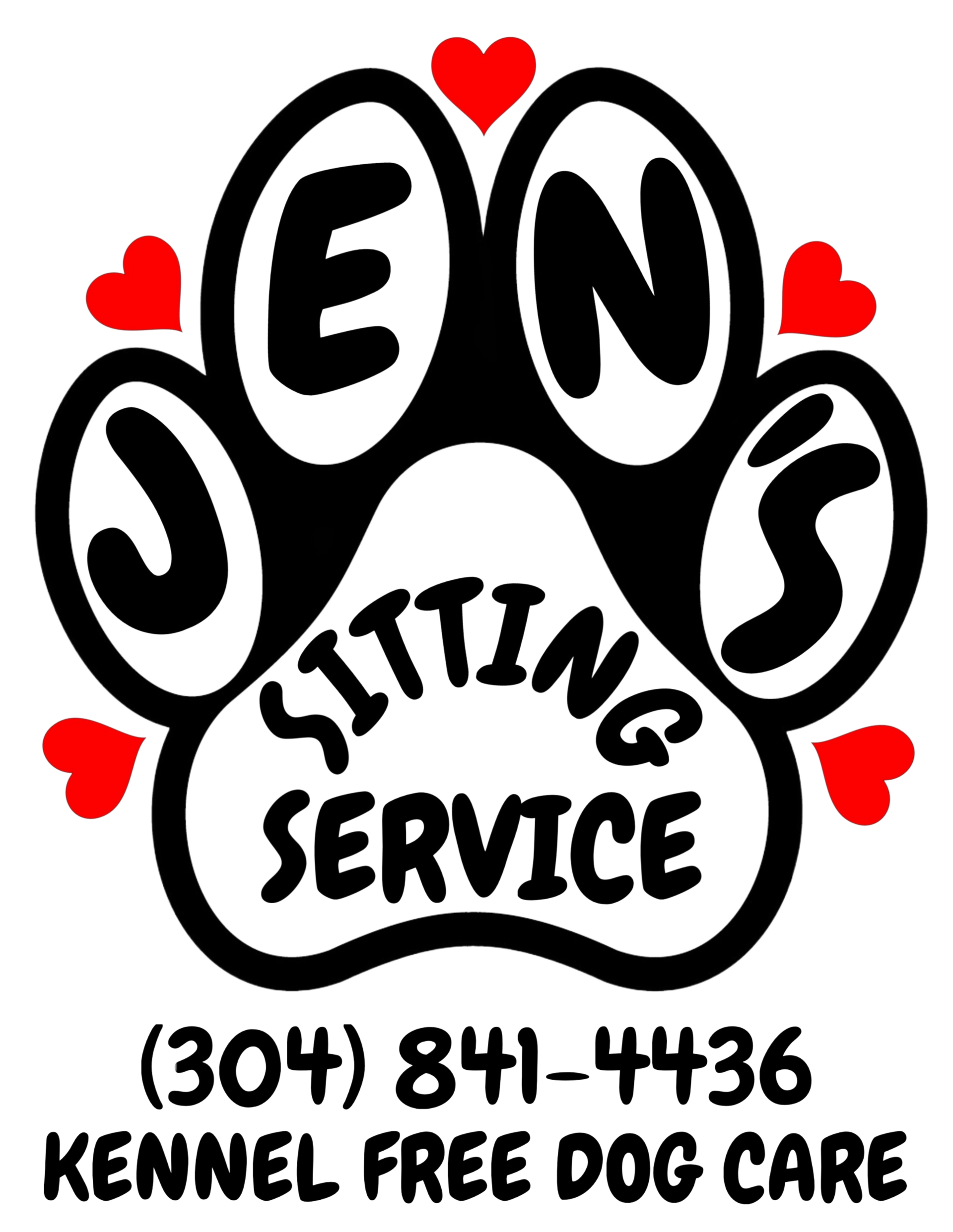 Logo for "Jen's Sitting Service" featuring a black-and-white paw print with small red hearts and text.