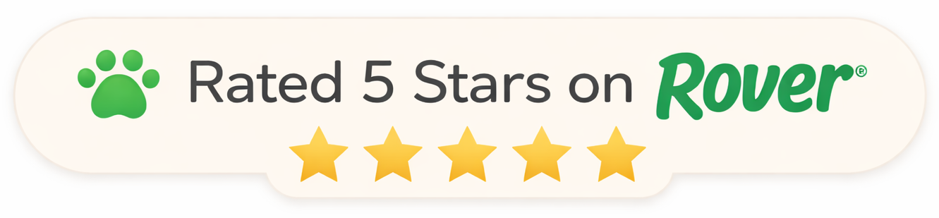 A green paw print icon and five yellow stars with text reading 