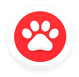 A white paw print icon centered on a circular red background.