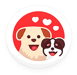 A circular logo featuring a happy light-colored dog and a smaller black and white dog against a red background with hearts.