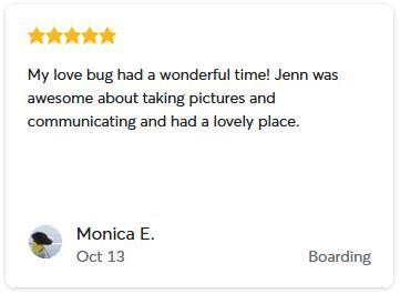 A five-star review from Monica E. stating that Jenn provided excellent care, communication, and photos for her pet.