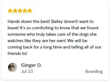 Five-star review from Ginger D. dated July 23 for boarding services, praising the care provided to her dog, Bailey.