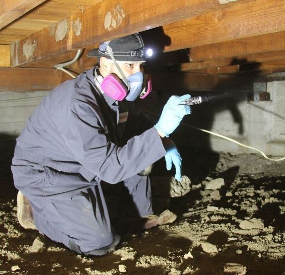 A man wearing a mask and gloves is kneeling under a wooden beam