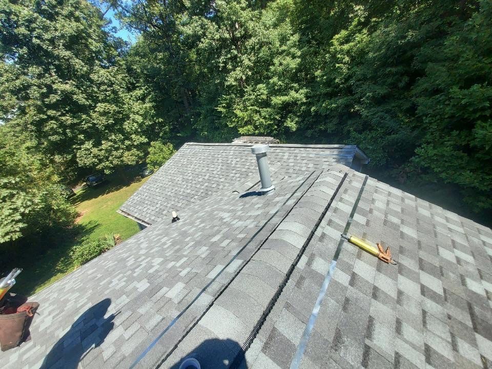 an aerial view of a roof with trees in the background