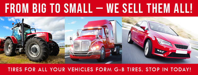 Ad for G-B Tires. Displays a tractor, truck, and car, with the text