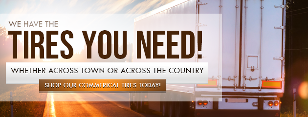 Advertisement for tires, with a semi-truck on a road. Text: