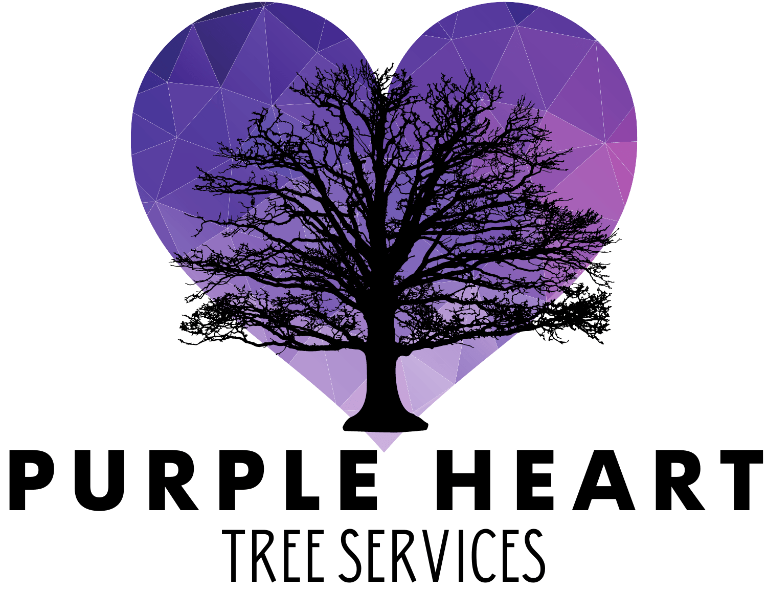 Logo for Purple Heart Tree Services, purple geometric heart with tree silhouette.