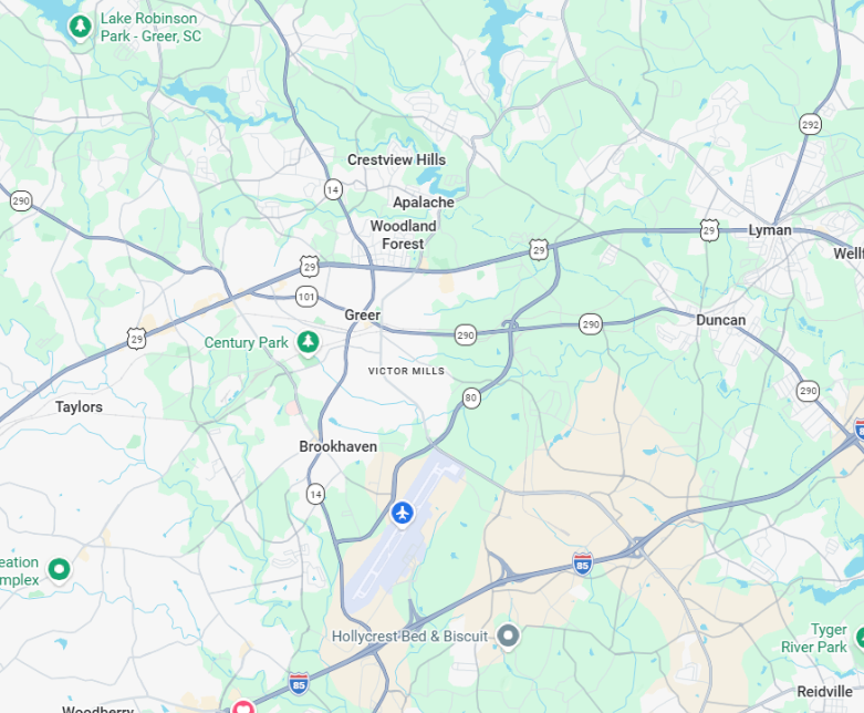 Map of the Greenville, SC area, showing roads, towns, and bodies of water.
