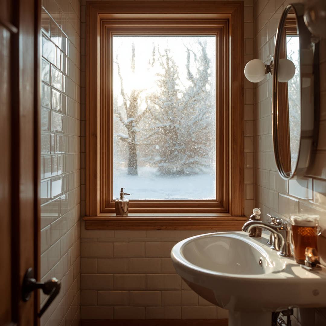 Cozy bathroom with a sink and mirror, looking out a frosty window to snowy trees.