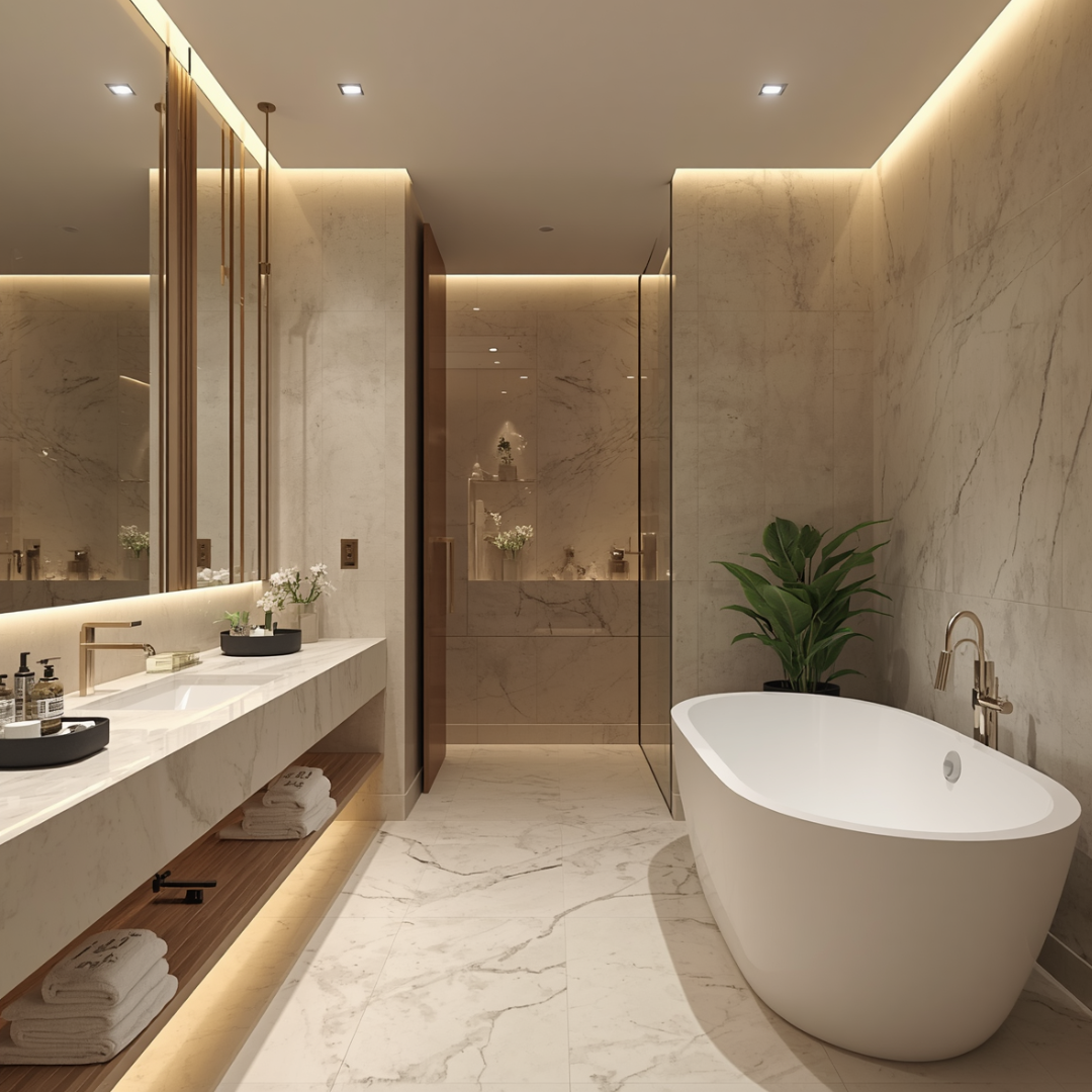 Modern beige bathroom with marble vanity, freestanding tub, and warm recessed lighting