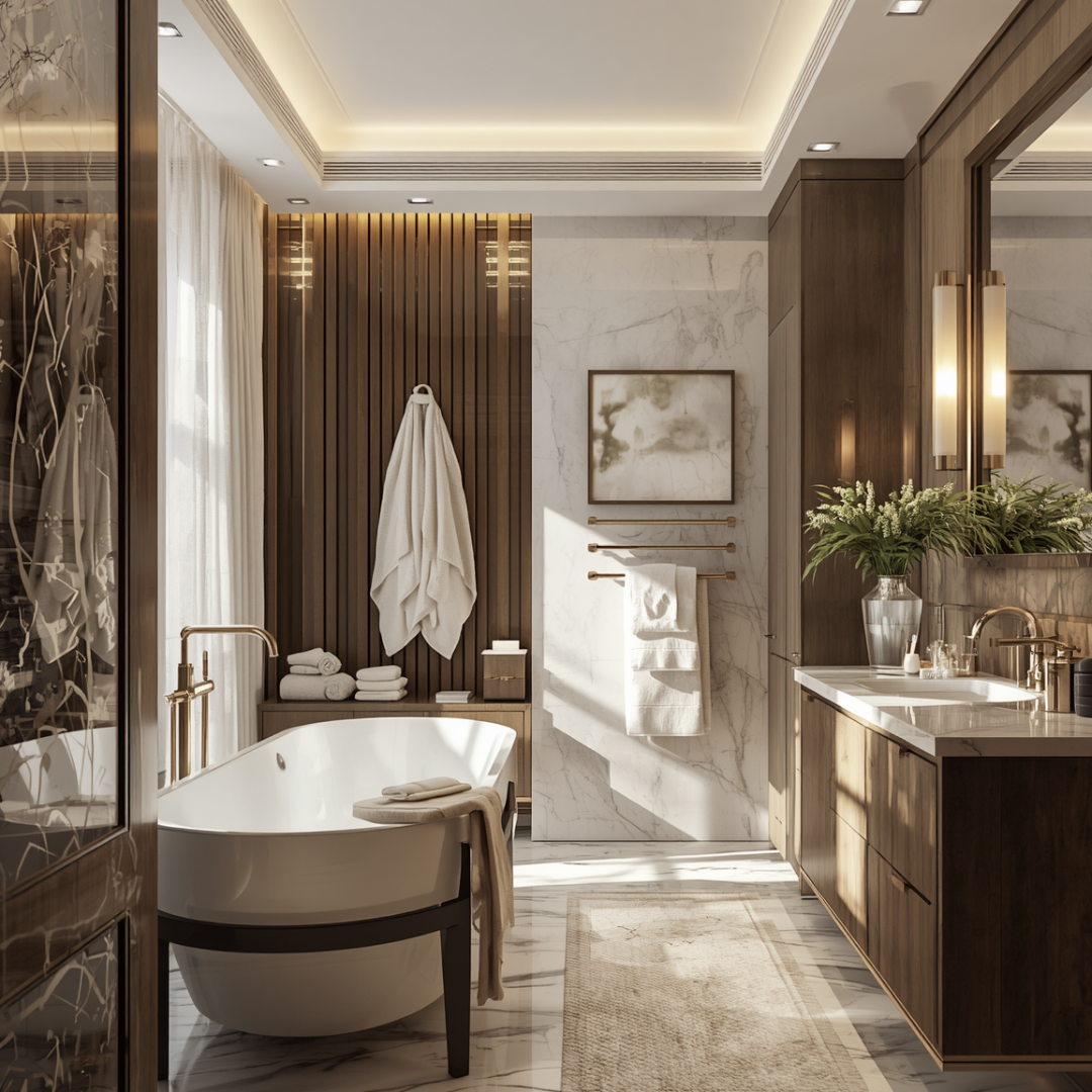 Luxurious beige marble bathroom with a freestanding tub, vanity, shower, and warm recessed lighting