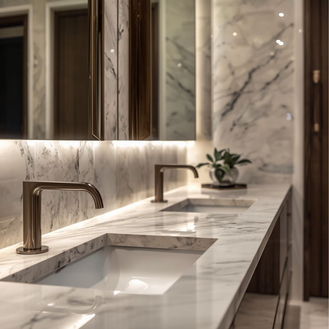 Modern marble bathroom vanity with two gold faucets, illuminated mirror, and a small plant