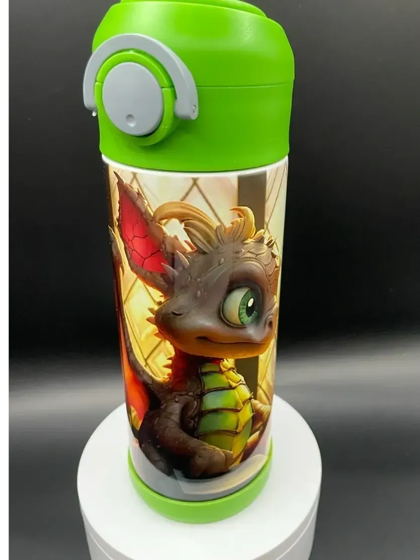 A green water bottle with a picture of a dragon on it