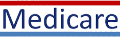 The word medicare is on a red , white and blue background.
