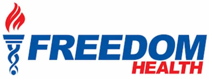 A blue and red logo for freedom health