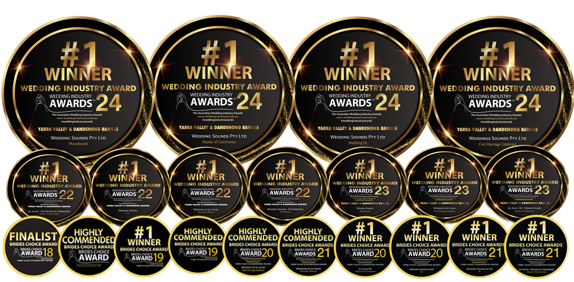 A bunch of winner badges on a white background