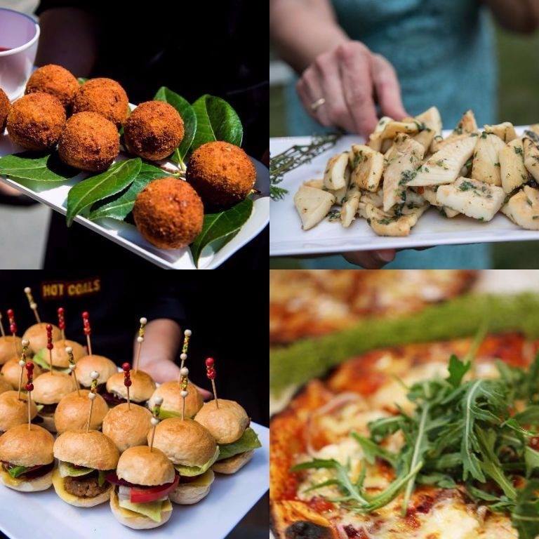 A collage of four different types of food including hot coals