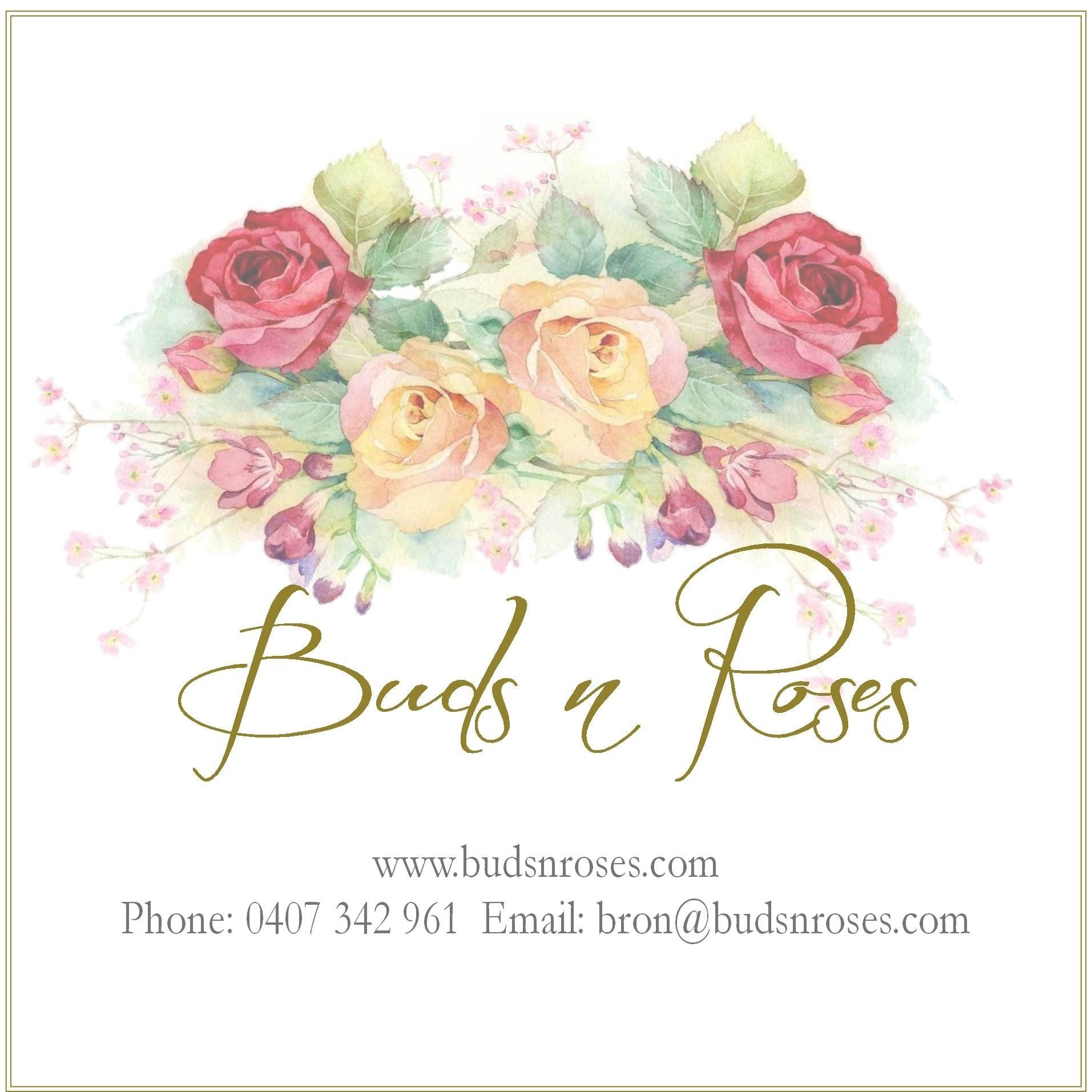 A logo for buds n roses shows a bouquet of roses