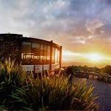 A large building with a lot of windows is surrounded by tall grass at sunset.