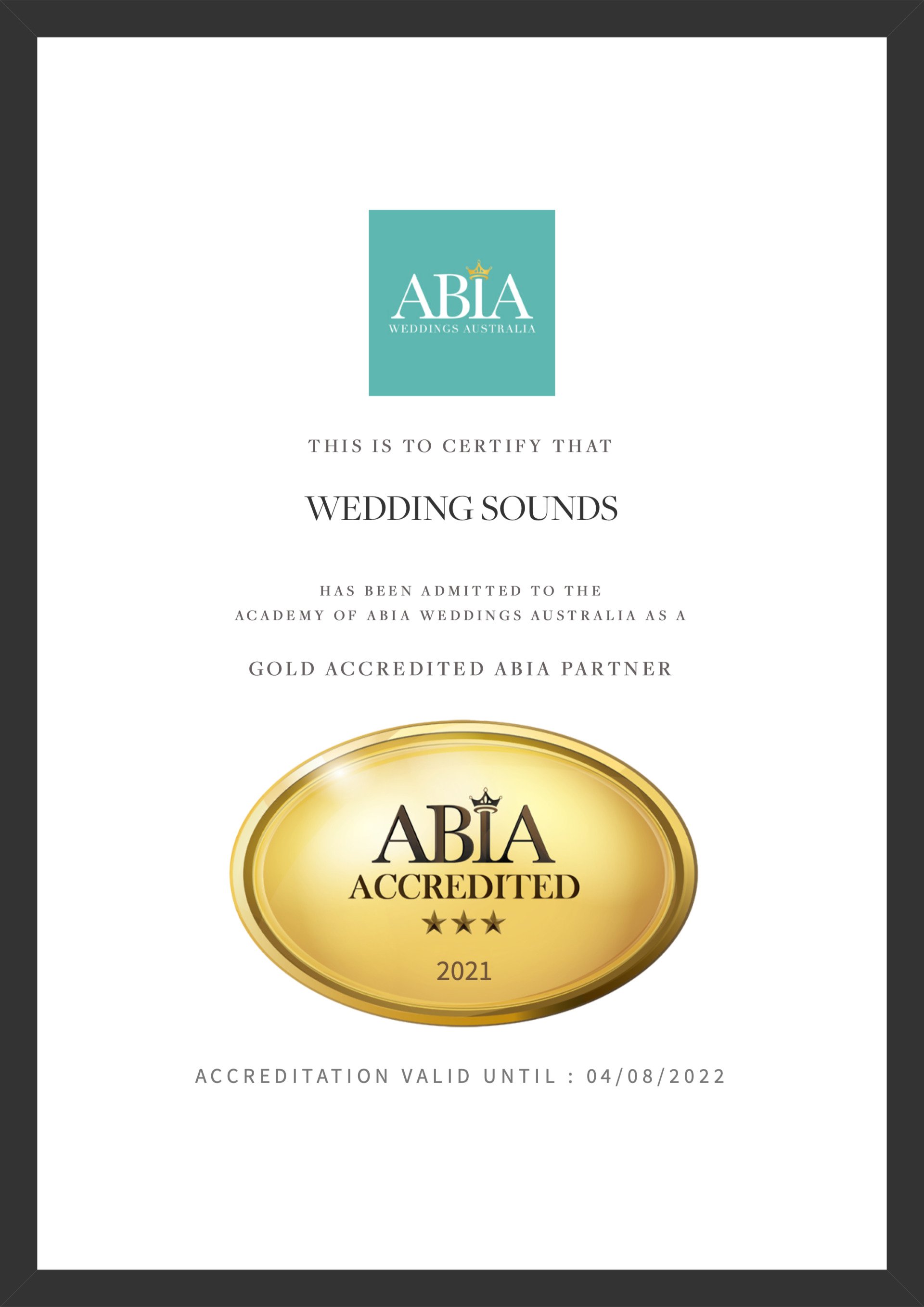 A certificate that says aria accredited on it.