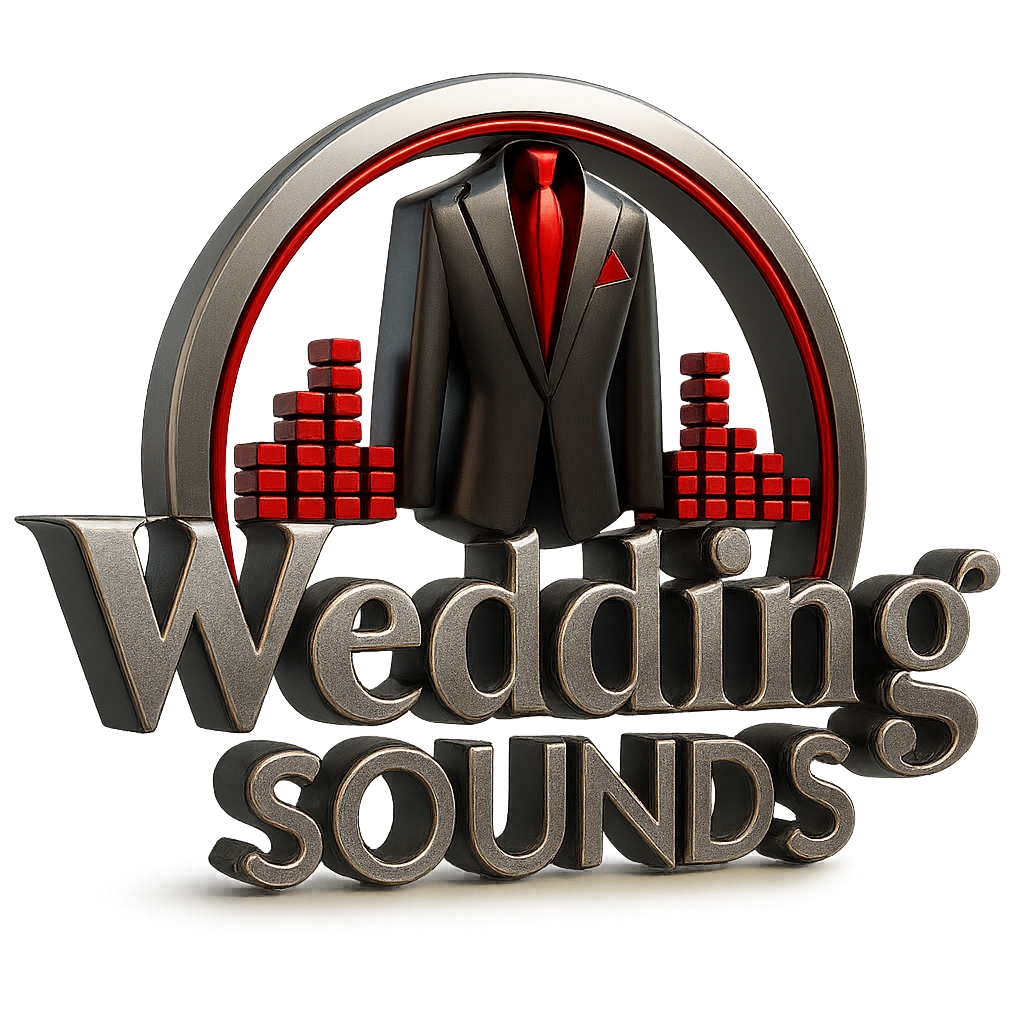 Logo: Suit and tie with sound waves, text