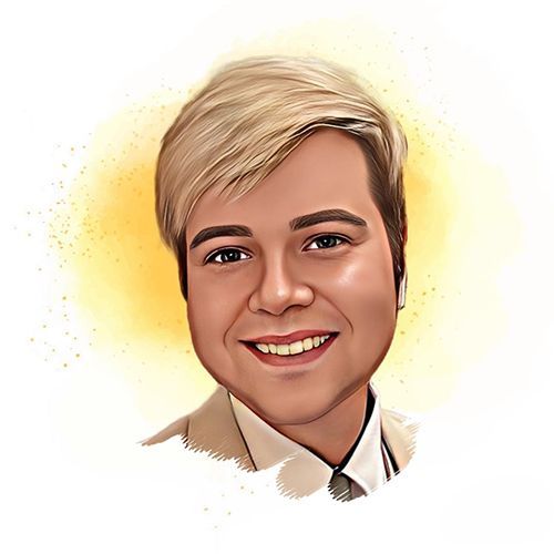 A cartoon portrait of a young man in a suit and tie smiling.