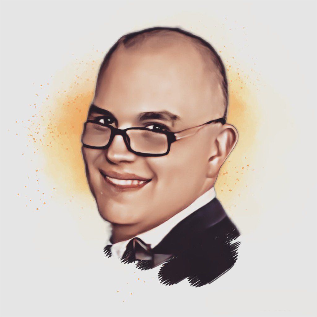 A drawing of a man wearing glasses and a bow tie