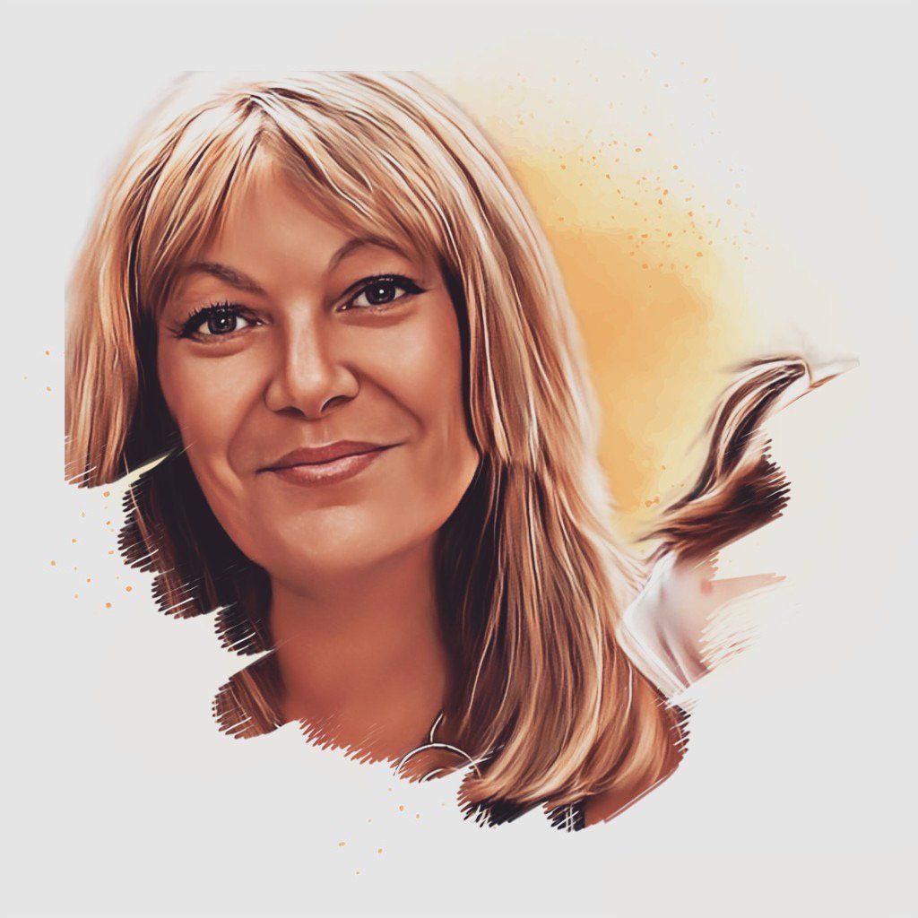 A painting of a smiling woman with long blonde hair