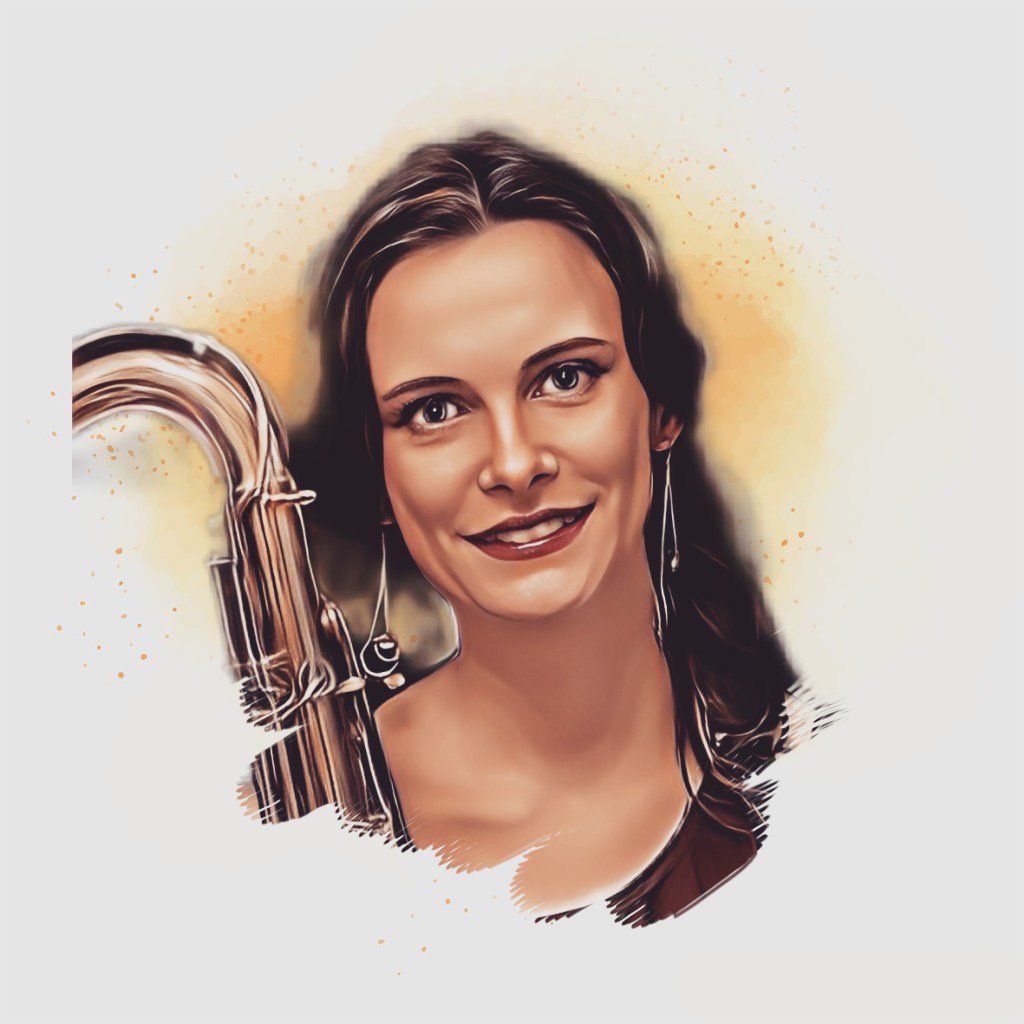 A painting of a woman holding a saxophone