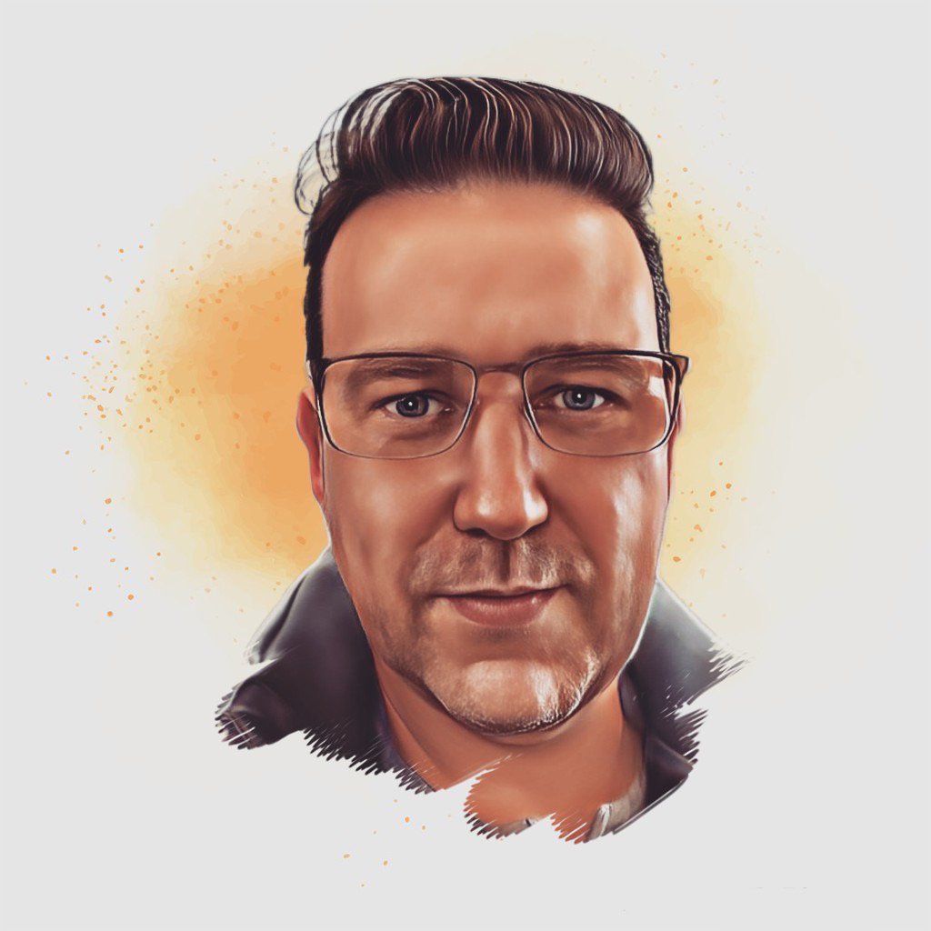 A drawing of a man wearing glasses and a black jacket