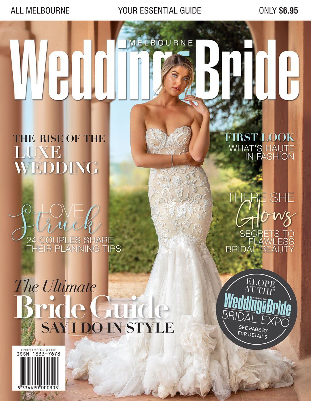 A woman in a wedding dress is on the cover of a wedding bride magazine.