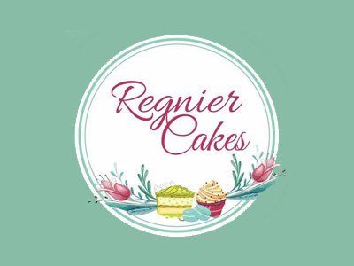 A logo for regier cakes with cupcakes and flowers on a green background.